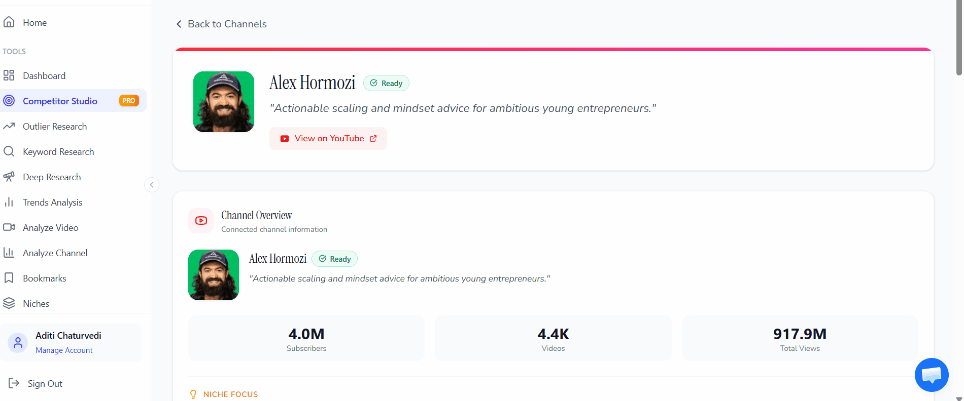OutlierKit Competitor Studio discovering YouTube channels classified by match score, subscribers, view rate, and video count — filter for nano-influencers with 1K–10K subs